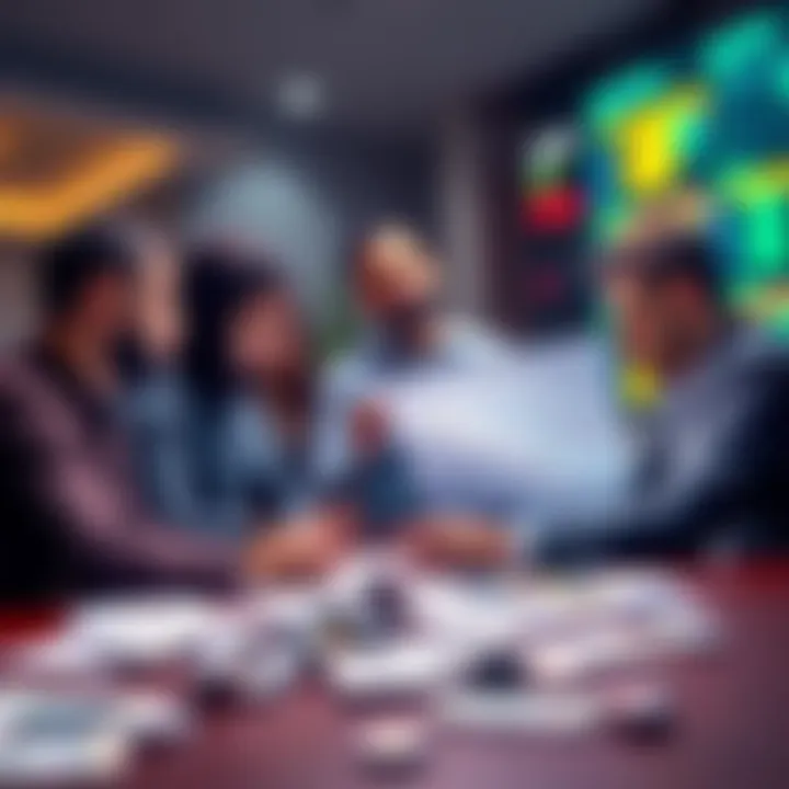 Five individuals gathered around a table discussing betting strategies, with charts and money visible.