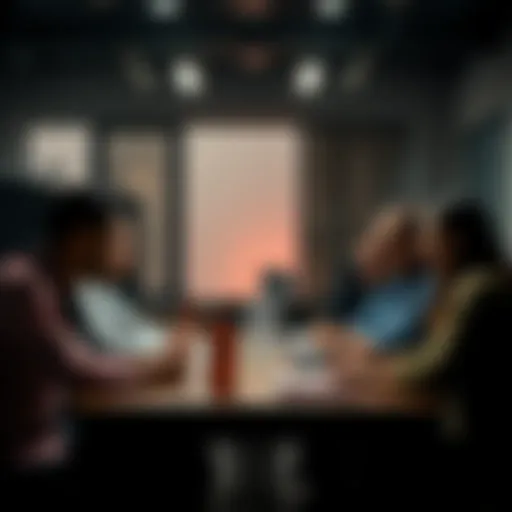 Group of people discussing A diverse group of people gathered around a table, engaged in an intense discussion about recent events.