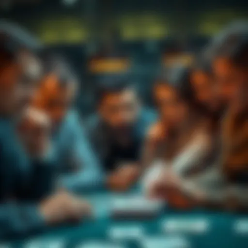 A group of people debating over a card game with expressions of uncertainty and engagement.