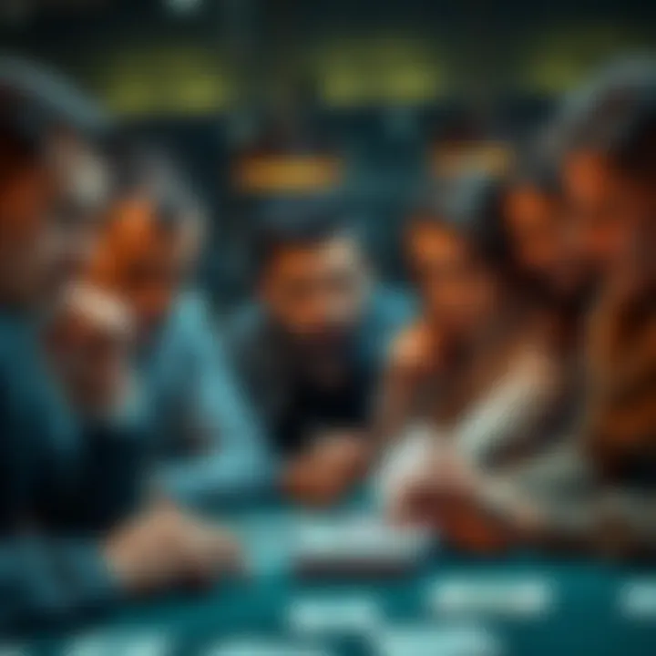 A group of people debating over a card game with expressions of uncertainty and engagement.