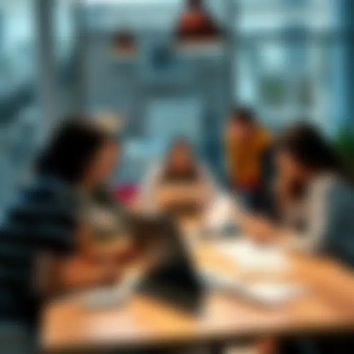 A diverse group of people sitting around a table, sharing ideas on how to improve a project, with notes and a laptop open in front of them.