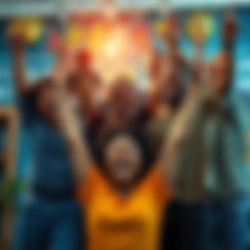 A group of diverse people joyfully celebrating a victory together, showing unity and happiness