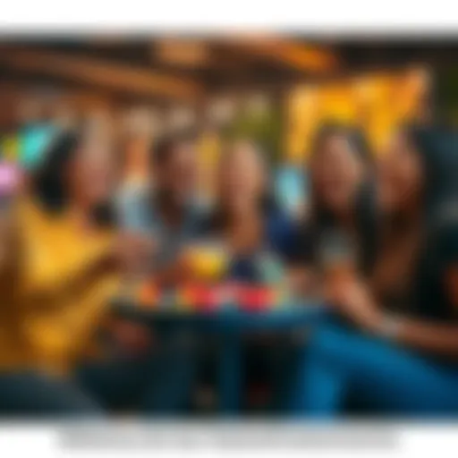 A cheerful group of friends laughing and playing games while using Stake for entertainment in a lively setting.