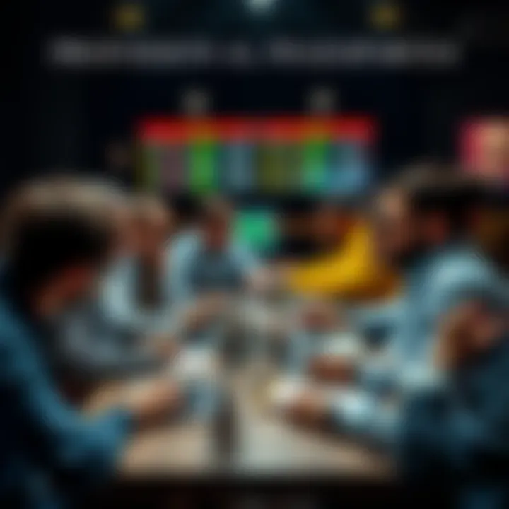 Group of Sports Bettors A diverse group of people sitting around a table, discussing sports betting strategies with laptops and notepads