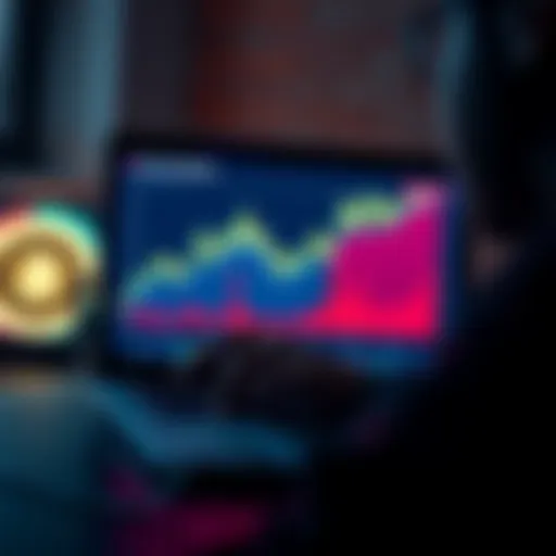 A person looks at a stock chart on a laptop, showing an increase in investment value with money icons around.