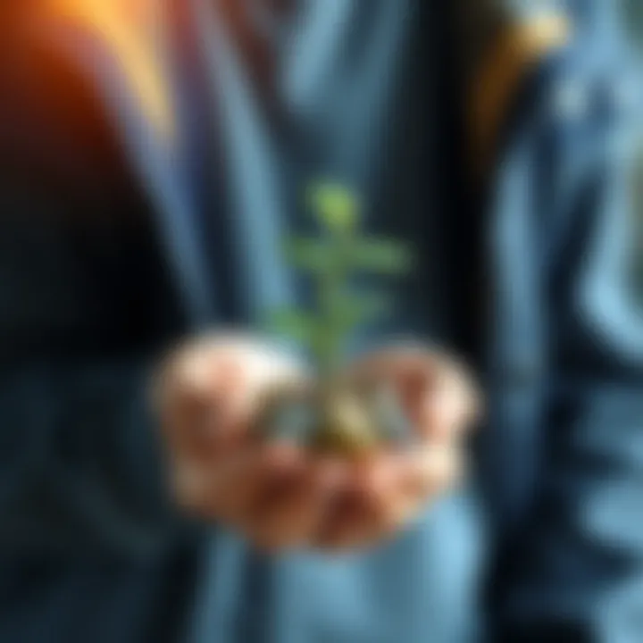 A person holding a small plant growing from coins, symbolizing financial growth from small investments.