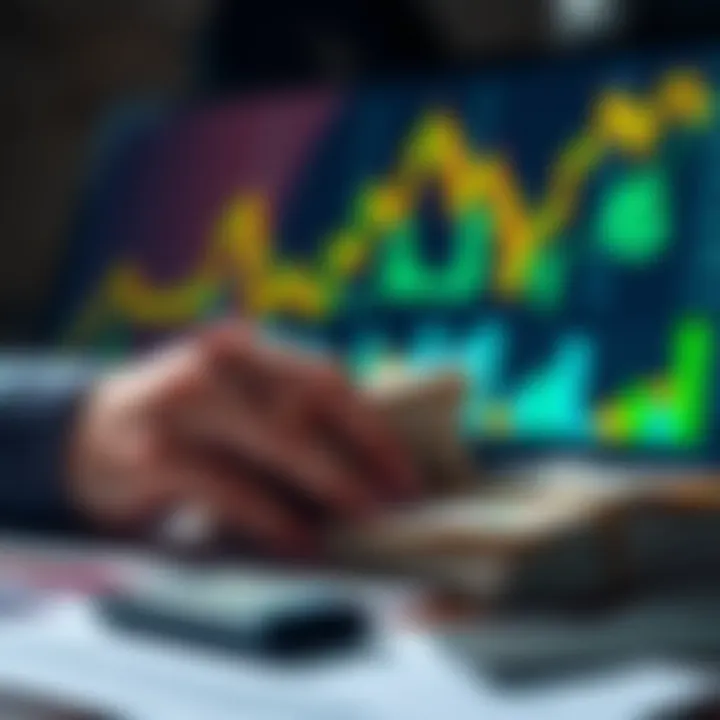 Growing Investment A person calculating money with a stack of cash and financial charts in the background