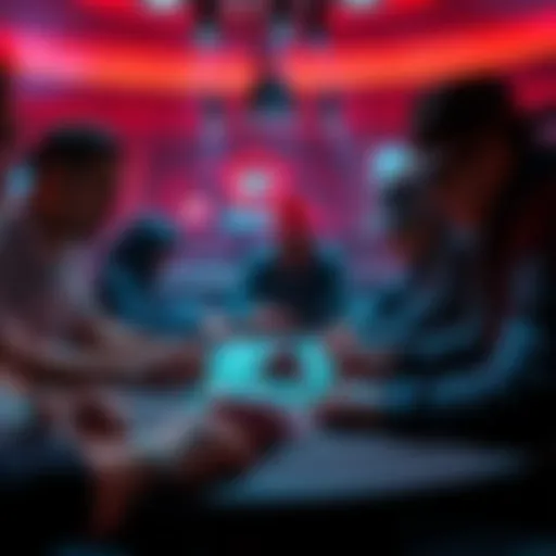 A group of poker players discussing strategy at a table, with cards and chips in front of them