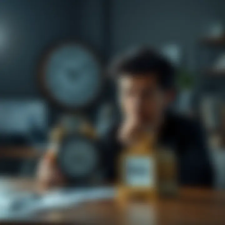 A person thinking deeply while looking at a clock, with a prize of $25 displayed on a table