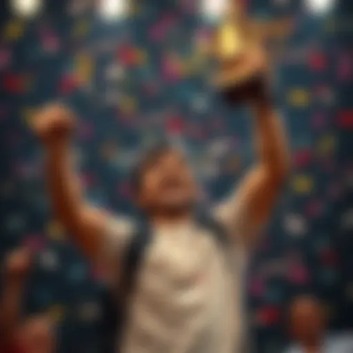 A person celebrating with confetti and holding a trophy, symbolizing success in 2025.