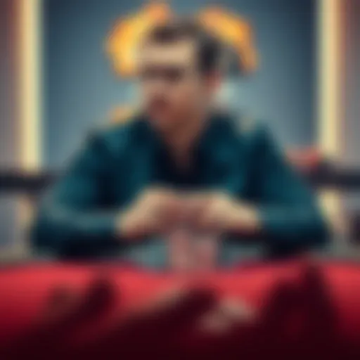 Gus Hanson sitting at a poker table, focused on his cards, with chips stacked in front of him, showcasing his competitive style