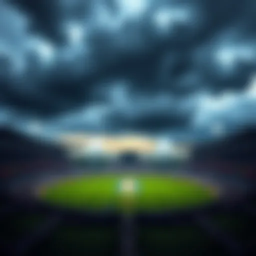 Dark rain clouds hovering above a cricket field in Guwahati, impacting the IPL match between CSK and RR