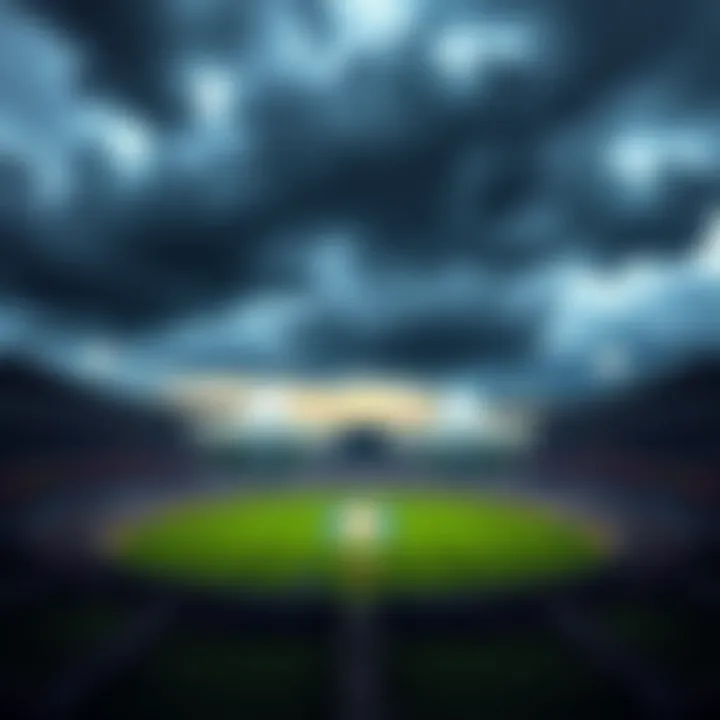 Dark rain clouds hovering above a cricket field in Guwahati, impacting the IPL match between CSK and RR