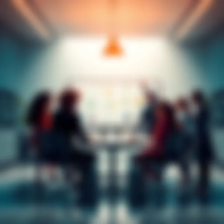 A team of people discussing a bold strategy in a bright conference room, showcasing charts and notes on a whiteboard.