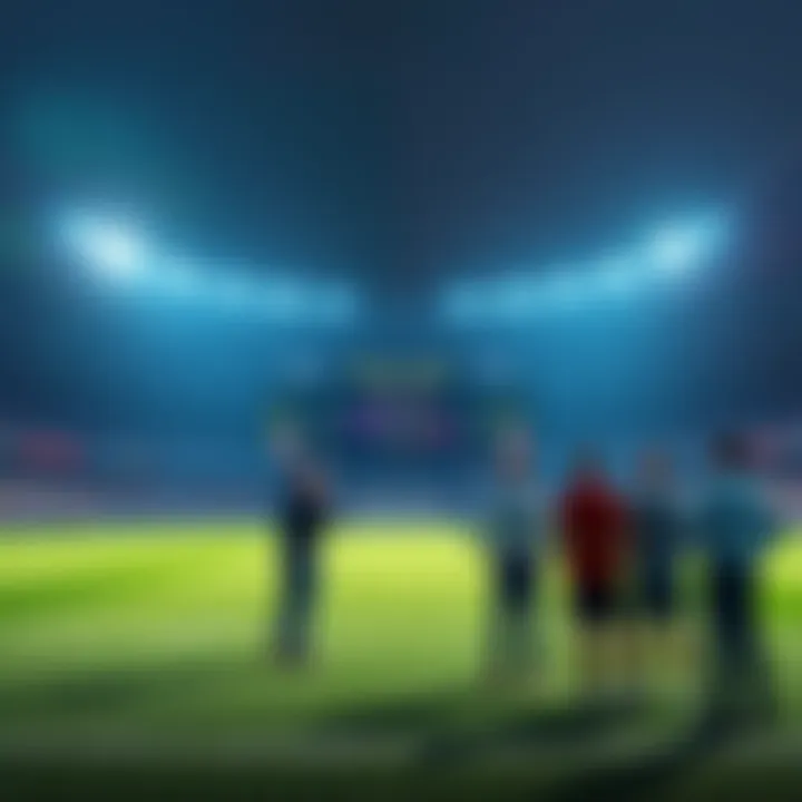 A football field during halftime with a scoreboard showing the current score. A group of people discussing betting strategies.