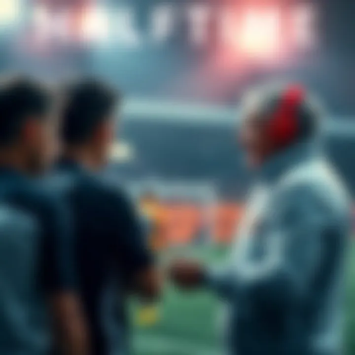 A coach talking to players during halftime in a sports match, discussing strategies and adjustments