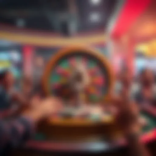 A colorful hamster wheel surrounded by betting chips and excited people watching