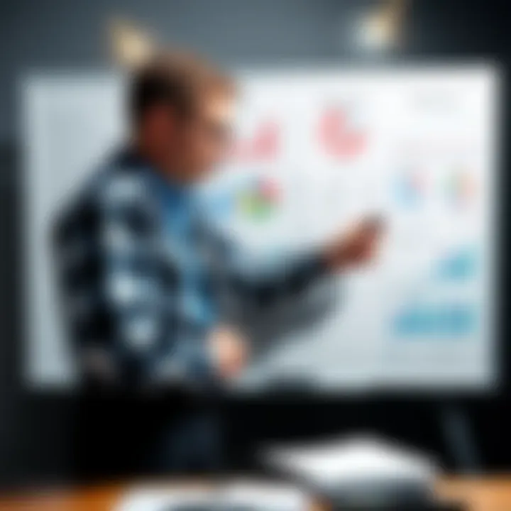 A handicapper showing his betting picks on a whiteboard, with graphs and statistics in the background, representing his journey to excellence in betting.