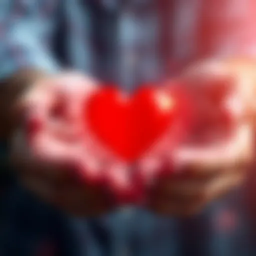 Two hands gently holding a glowing heart symbol, representing love and gratitude.