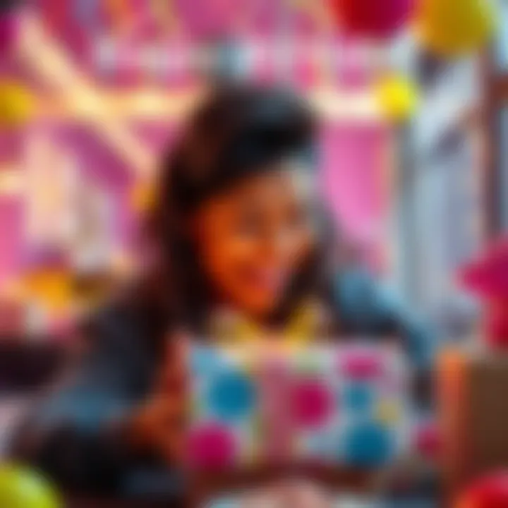 A person happily opening a birthday gift from Bitstarz, with colorful decorations in the background.