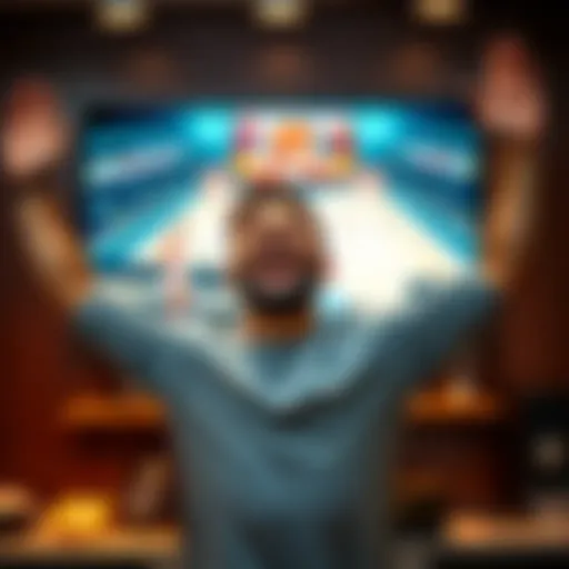 A joyful man celebrating his sports bet win, raising his arms in excitement in front of a TV showing a basketball game.