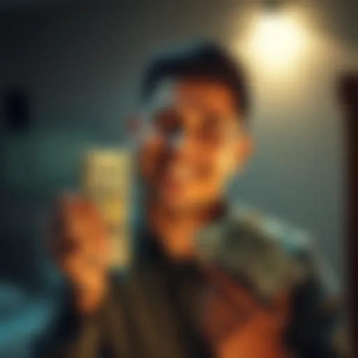 A cheerful man looking at stacks of cash, imagining a life of financial freedom and options, with thoughts of travel and home.