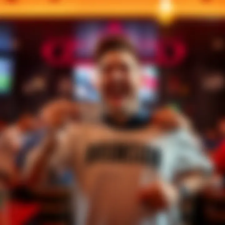 A happy man holding a winning betting slip in one hand and a Brunson jersey in the other, smiling with excitement at a sports bar.