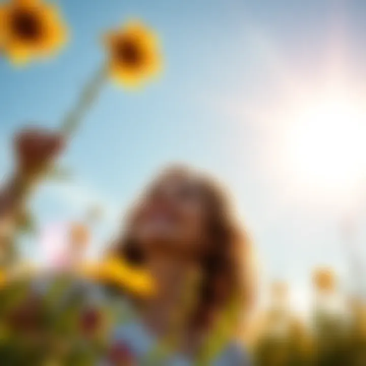 A bright sunny day with a person smiling and enjoying nature
