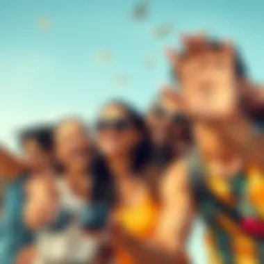 A group of joyful people smiling and engaging in fun activities outdoors, reflecting well-being and positivity.