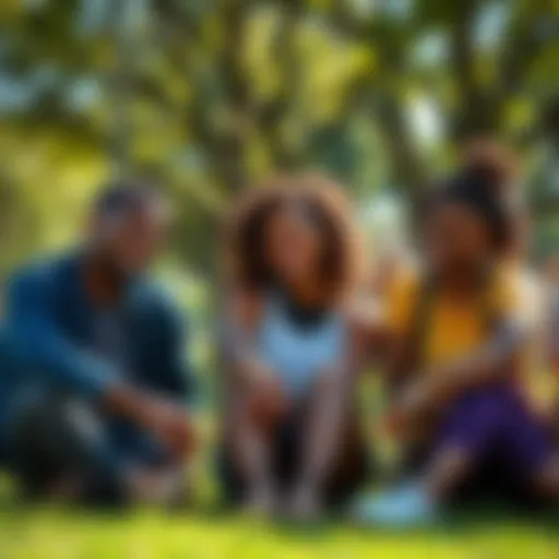 A group of diverse people smiling and sharing joyful moments in a bright park setting, engaging in activities like laughing, chatting, and playing outside.