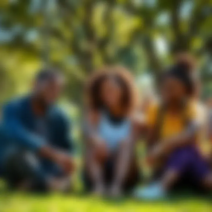 Happy people enjoying simple moments A group of diverse people smiling and sharing joyful moments in a bright park setting, engaging in activities like laughing, chatting, and playing outside.