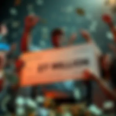 A happy person holding a giant check for 27 million dollars, surrounded by cash and excited friends
