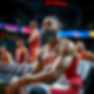 James Harden sitting on the bench looking thoughtful during a game, with Cavaliers players in the background