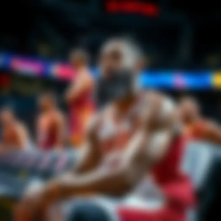James Harden sitting on the bench looking thoughtful during a game, with Cavaliers players in the background