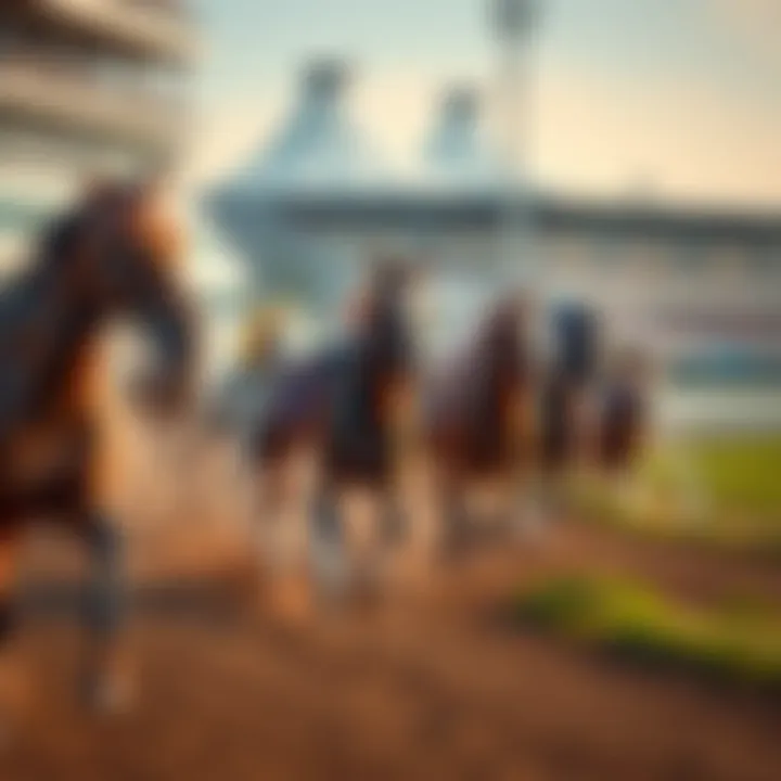 A group of thoroughbred horses racing at Monmouth Park during the Haskell Stakes