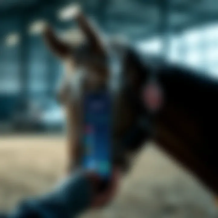 A horse being monitored with an innovative health app on a smartphone