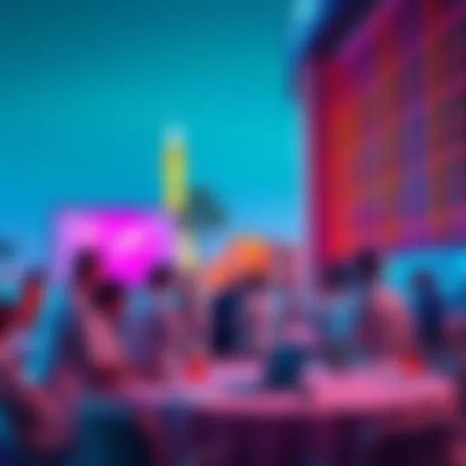 A group of healthcare professionals networking at a conference table in Las Vegas, with a vibrant hotel backdrop.