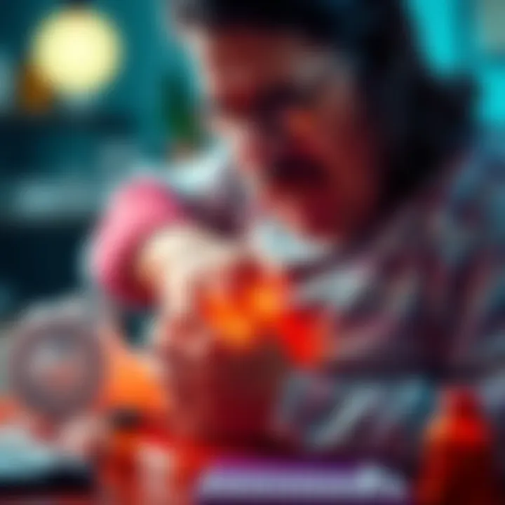 Health symptoms alert A concerned person holding their stomach, showing signs of discomfort with a worried expression, surrounded by health-related items like medicine and a thermometer.