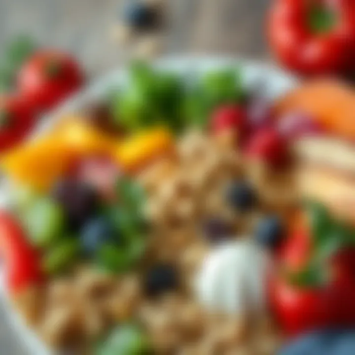 A colorful plate of healthy food including fruits, vegetables, and grains for soccer players