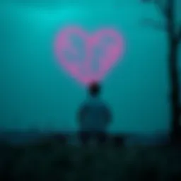 A person sitting alone on a bench, looking contemplative with a broken heart symbol in the background, representing emotional pain and healing after a breakup.