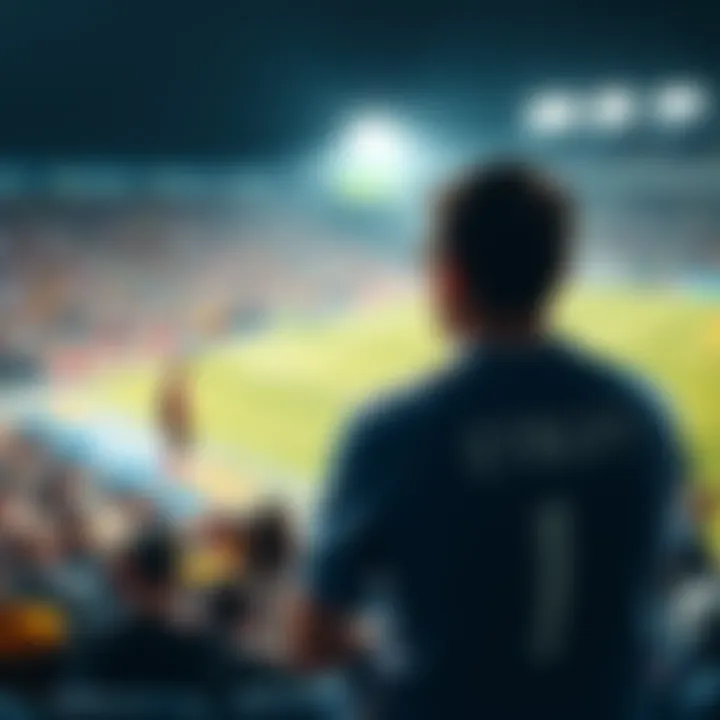 Heartbroken Fan Watching Player Substituted A sad fan in a sports jersey sits in the stands, tears in eyes, as a player walks off the field after being substituted during a critical game.