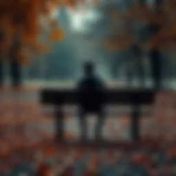 A person sitting alone on a park bench, looking contemplative with a sad expression, surrounded by autumn leaves.