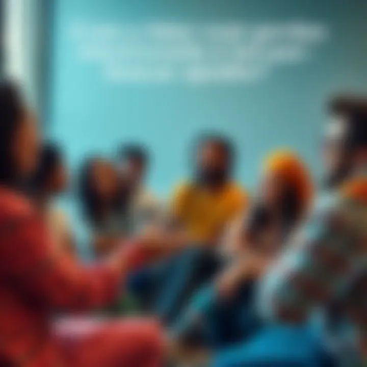 A group of diverse people sitting together, offering support and comfort during tough times, with one person speaking while others listen attentively.
