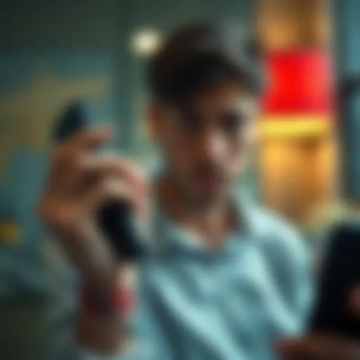 A concerned individual holding a phone, appearing thoughtful and ready to call a helpline for assistance.