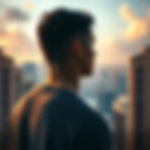 A young man looking out at a cityscape with a hopeful expression, symbolizing his quest for belonging.