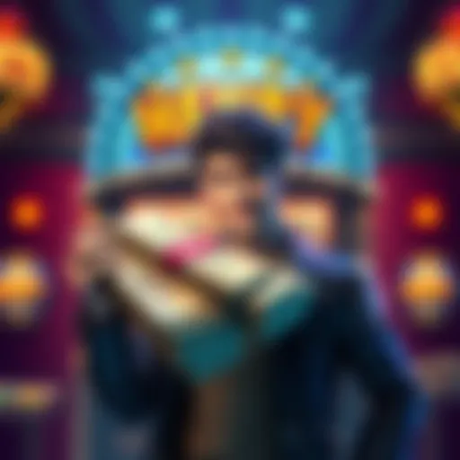 A depiction of a character named Henry holding a large stack of cash with a jackpot sign in the background