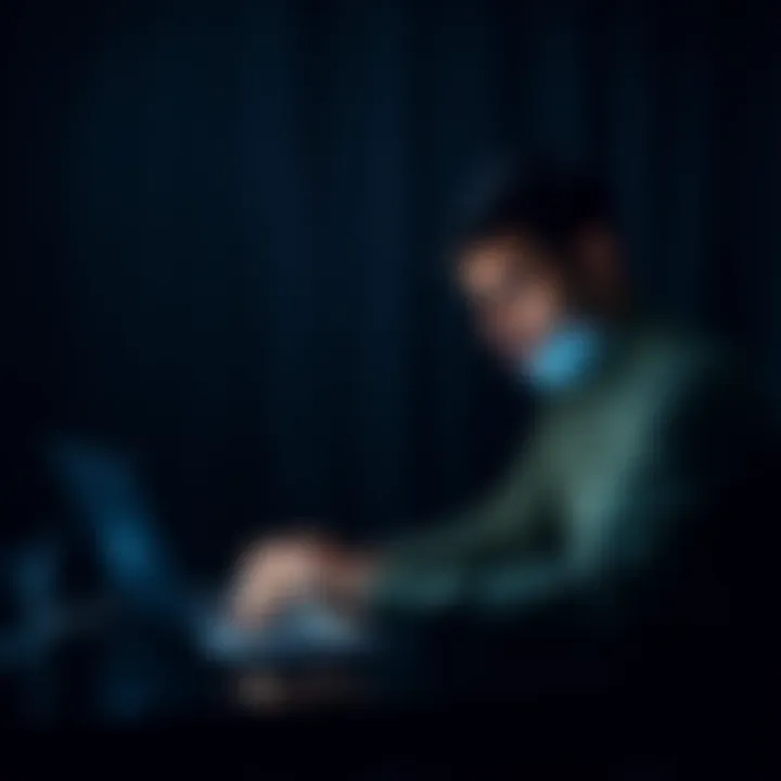 Hidden Financial Transactions A person using a laptop in a dimly lit room, looking concerned while managing online finances to keep transactions private.