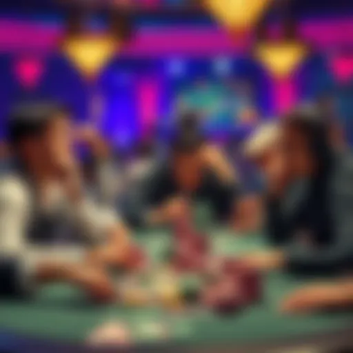 Different types of players at a poker table reacting to high-value chips, showcasing excitement, pride, and contemplation.