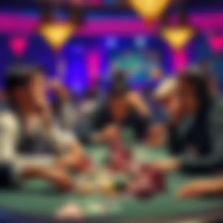 Different types of players at a poker table reacting to high-value chips, showcasing excitement, pride, and contemplation.