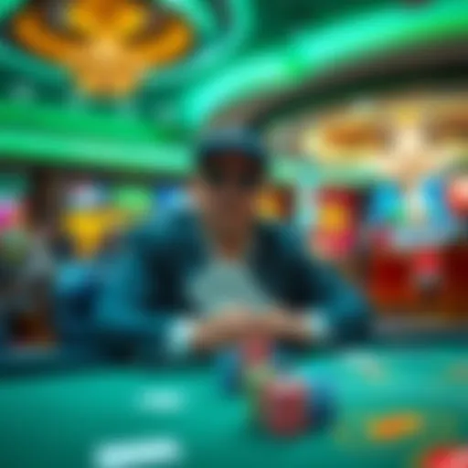 A high roller at a casino table with chips and cards, looking concerned after a gamble, amid a bustling casino environment.